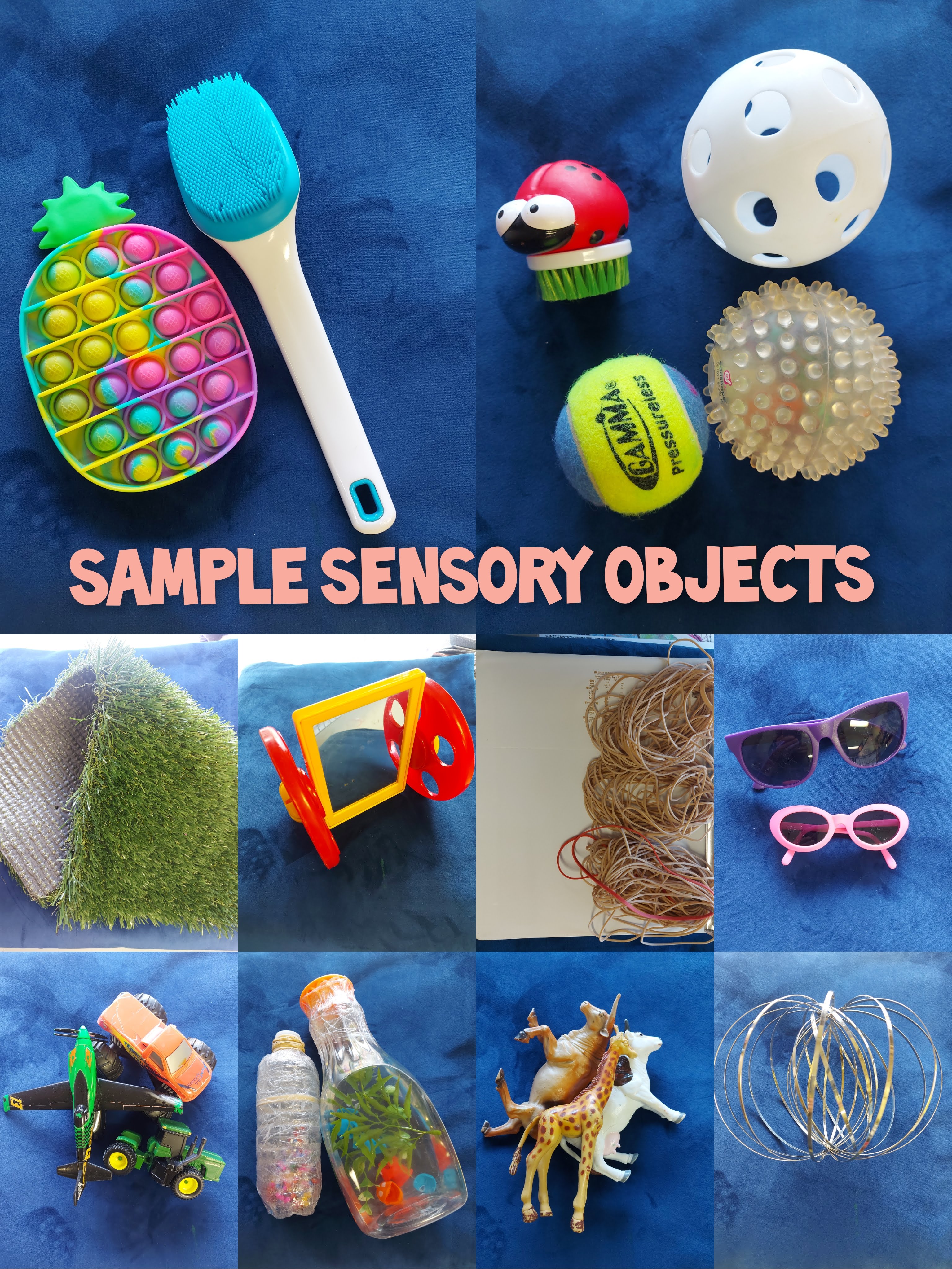 Examples of different sensory items A collage of different sensory items, such as pop it toys, brushes, moving toys, balls with different textures, different eye shades, massagers